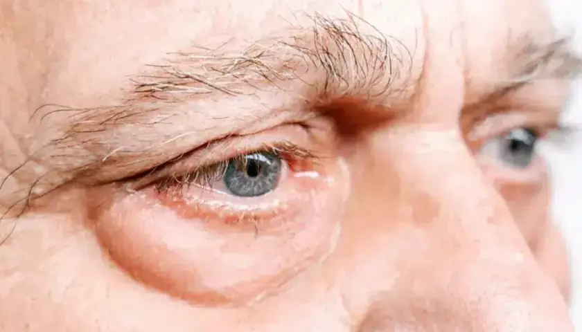 Occhi con borse evidenti, un segno che la medicina cinese potrebbe interpretare come squilibrio energetico.