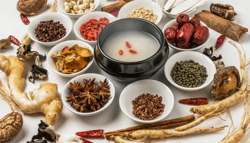 Ingredienti per brodo tonificante: bacche di goji, zenzero, funghi, spezie e altri cibi yin.