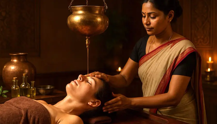 Woman receiving oil treatment on forehead from a hanging pot in a spa.