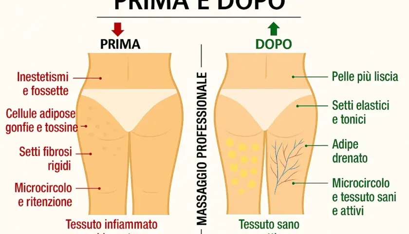 Diagram comparing "before" (cellulite, inflamed tissue) and "after" (smooth skin, healthy tissue) of professional massage.