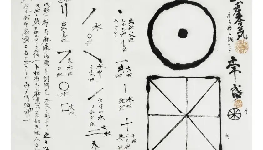 Calligrafia giapponese con simboli e frasi taoiste. Cerchio con punto, quadrato diviso e testo in stile antico.