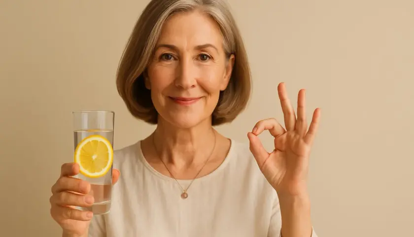 Donna sorridente con bicchiere d'acqua e limone, pollice in su. Un gesto che simboleggia l'efficacia dei trattamenti detox.