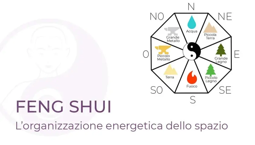 Feng Shui diagram with elements, directions, and yin-yang symbol.