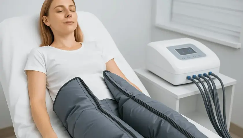 Woman lying down with eyes closed, wearing compression boots connected to a pressomassaggio machine.