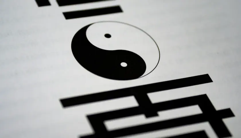 Simbolo **Jing Yang** (Yin e Yang) su sfondo bianco, circondato da caratteri neri stilizzati.