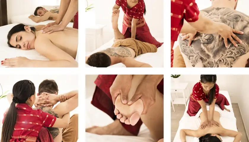 Collage of Thai massage techniques: back massage, foot massage, and stretching.