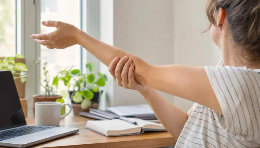 Donna si massaggia il braccio, forse per alleviare la sensazione di ritenzione idrica braccia. Sul tavolo, un laptop e piante verdi.