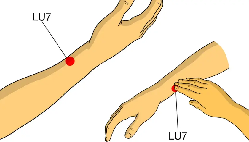 Punti digitopressione per ansia: il punto LU7 sul polso, indicato da un cerchio rosso, può aiutare a calmare la mente.