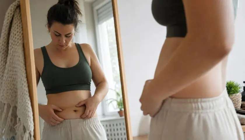 Donna si guarda allo specchio, preoccupata per la ritenzione idrica pancia. Le sue mani stringono delicatamente la zona addominale.