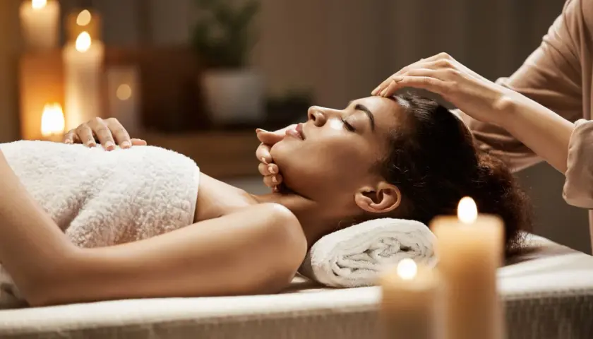 Woman receiving a facial massage in a dimly lit room with candles.
