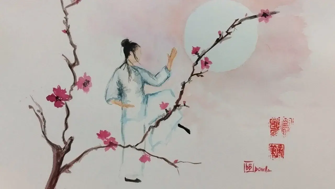 Una figura con elemento terra personalità pratica tai chi tra rami fioriti, sotto una luna rosa.