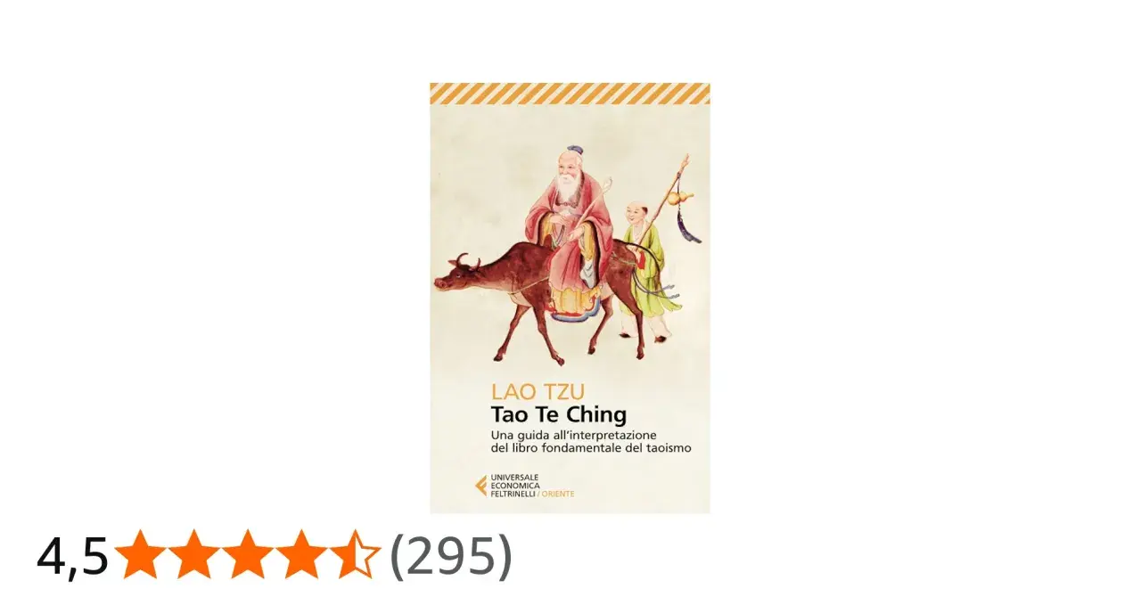 Copertina del libro "Tao Te Ching" di Lao Tzu, con un'illustrazione di un saggio su un bufalo e un giovane discepolo.