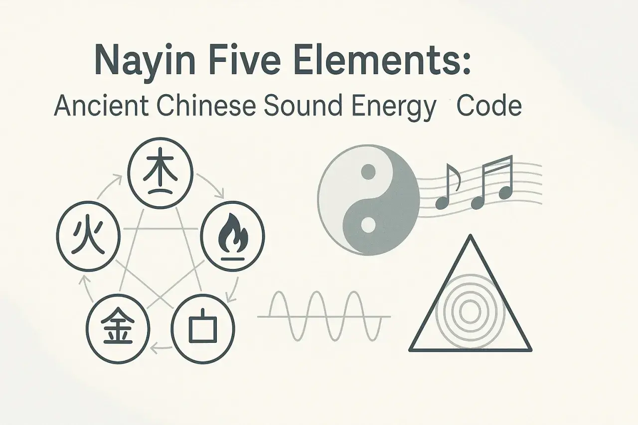 Il diagramma dei Cinque Elementi (Wu Xing) con simboli cinesi, Yin Yang, note musicali e onde sonore, illustra l'energia sonora antica.