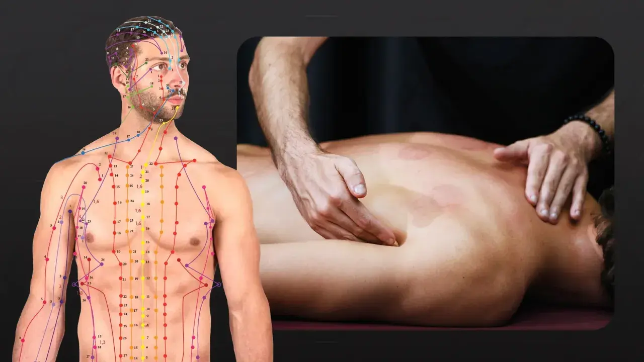 Schema del corpo umano con meridiani e punti di agopuntura, inclusi i punti sul polso. Accanto, un massaggio terapeutico sulla schiena.
