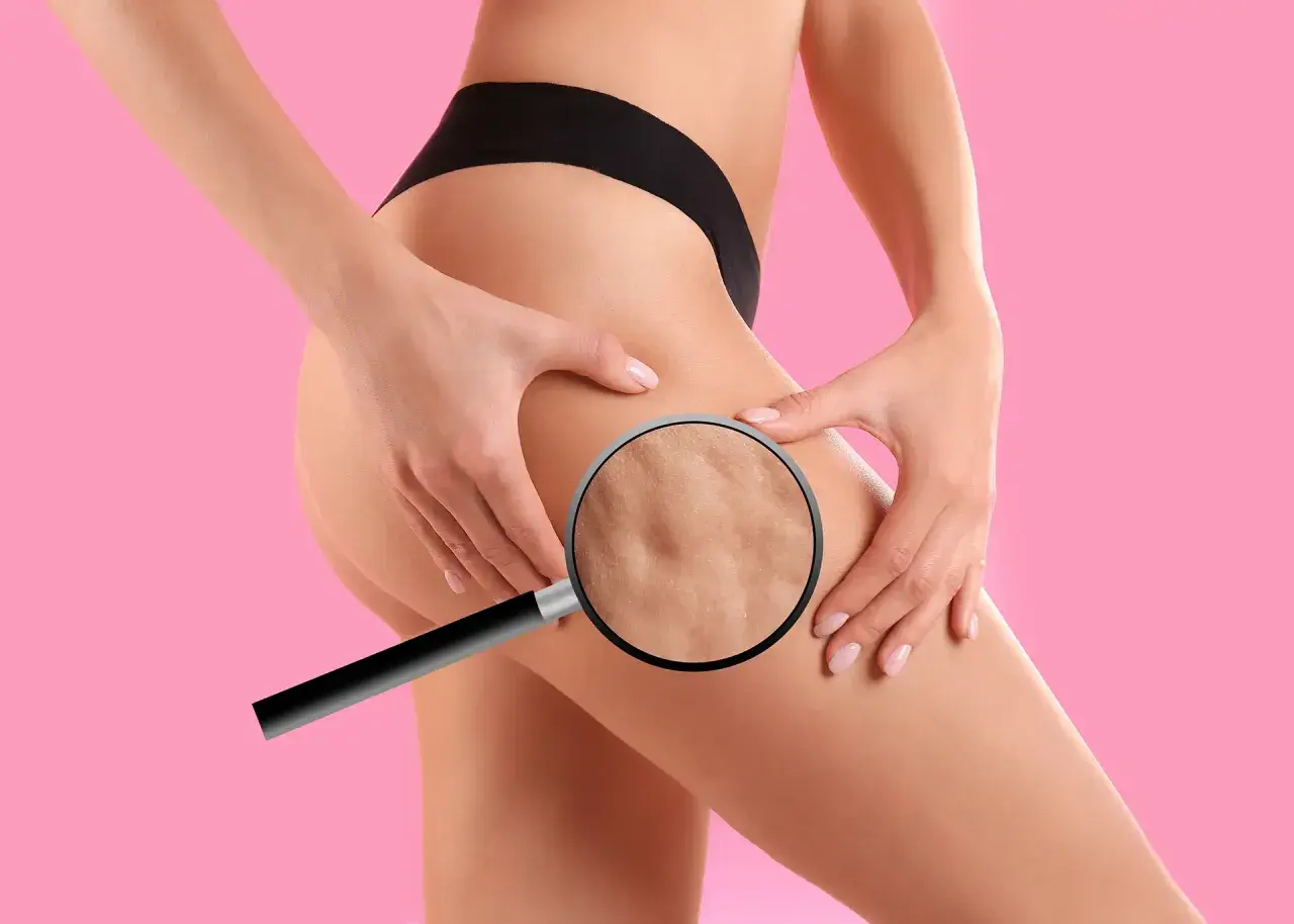 Ingrandimento della pelle della coscia che mostra la cellulite, un segno di cattiva circolazione gambe.