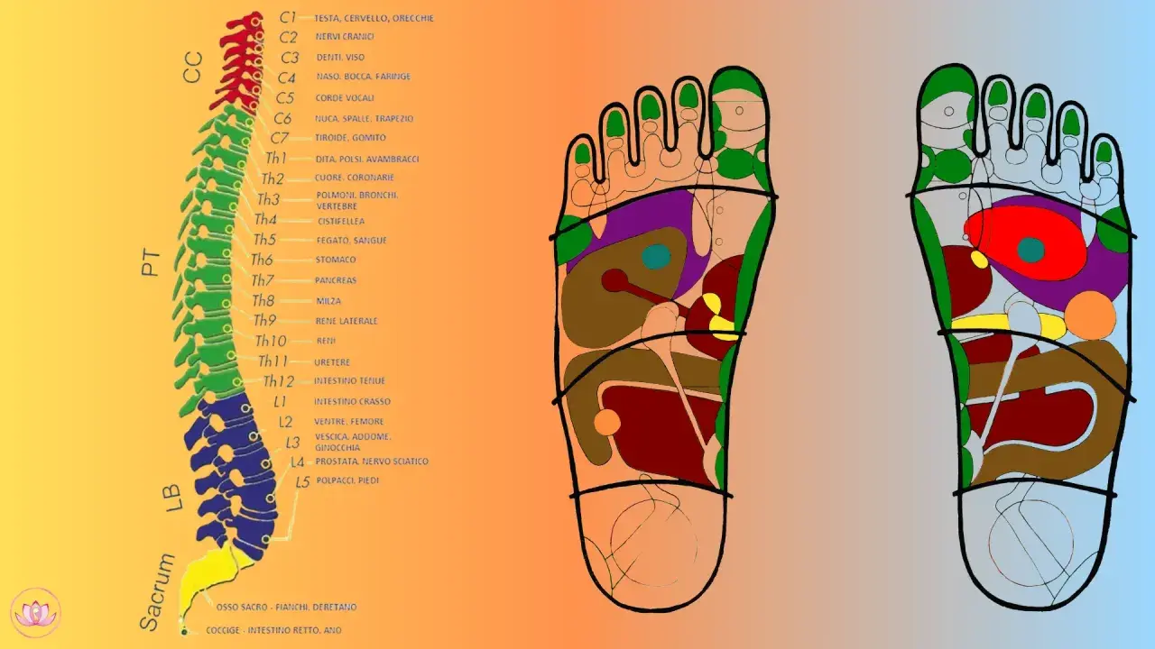 Mappa dei punti chakra piede, collegati alla colonna vertebrale e agli organi interni.