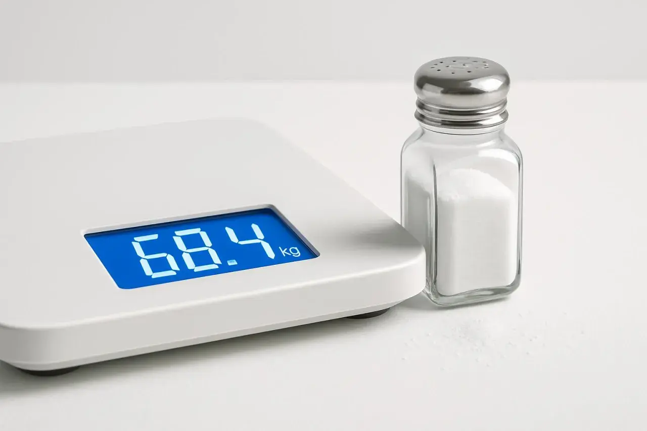 Bilancia digitale mostra 68.4 kg accanto a un salino. Un promemoria visivo per perdere 10 kg di liquidi, forse riducendo il sale.