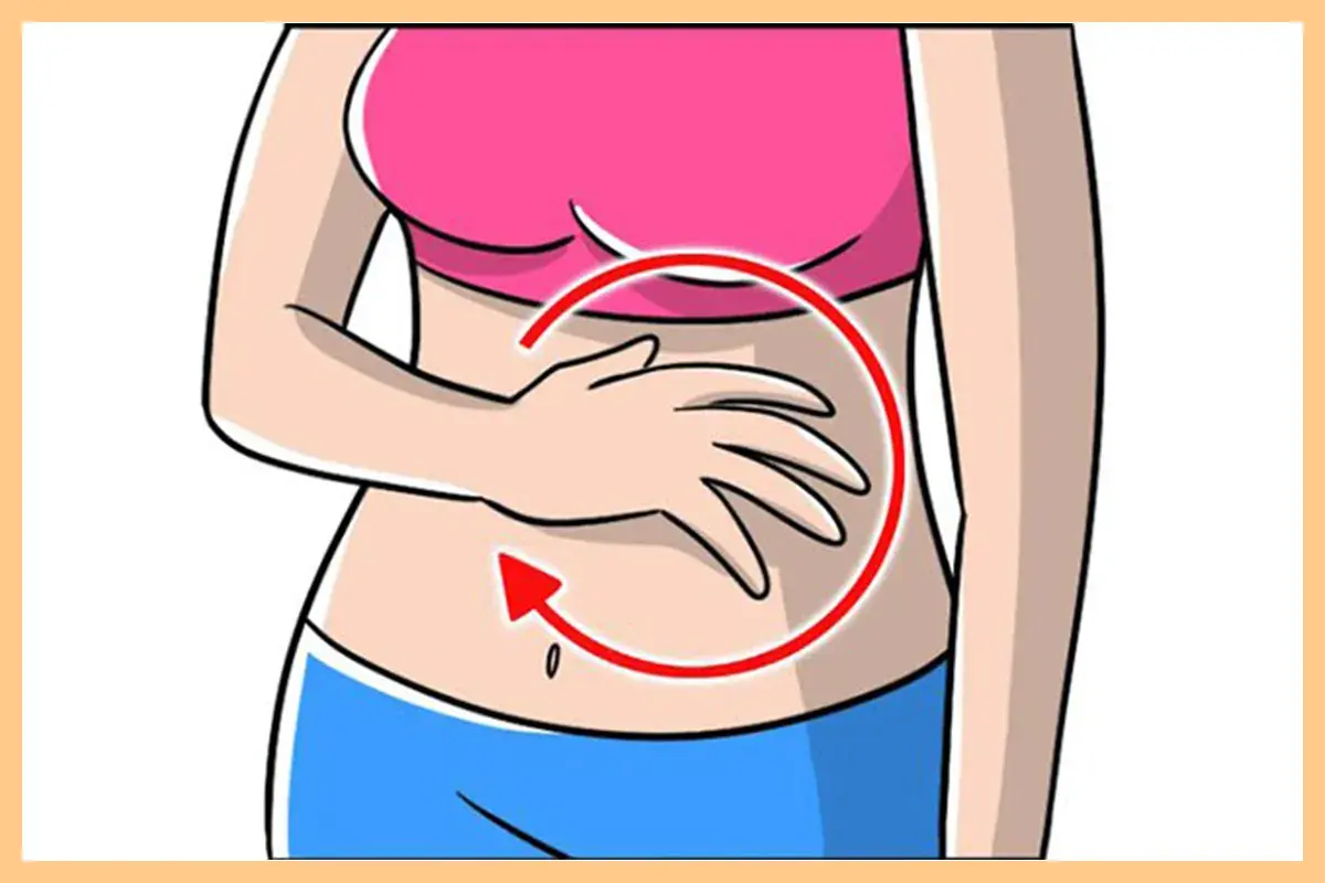 Mano che massaggia la pancia con un cerchio rosso e freccia. Scopri come il massaggio dimagrante pancia funziona per te.
