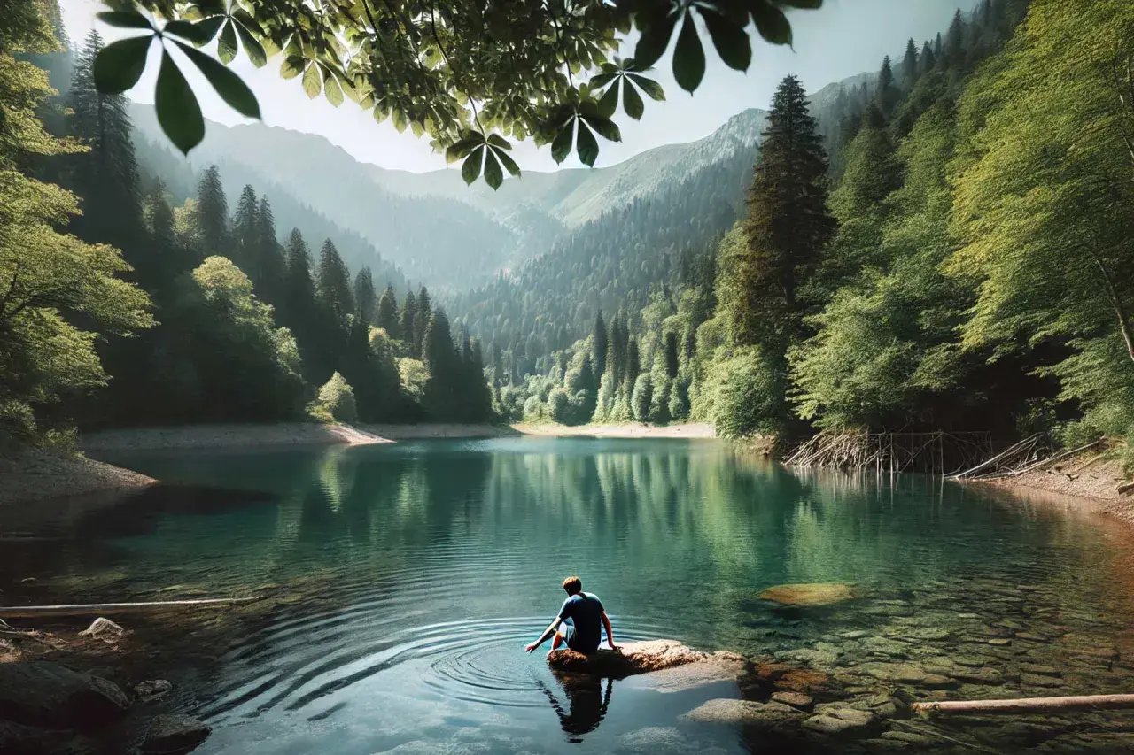 A person sits on a rock in a clear lake, creating ripples with their hand. Lush green mountains surround the lake.
