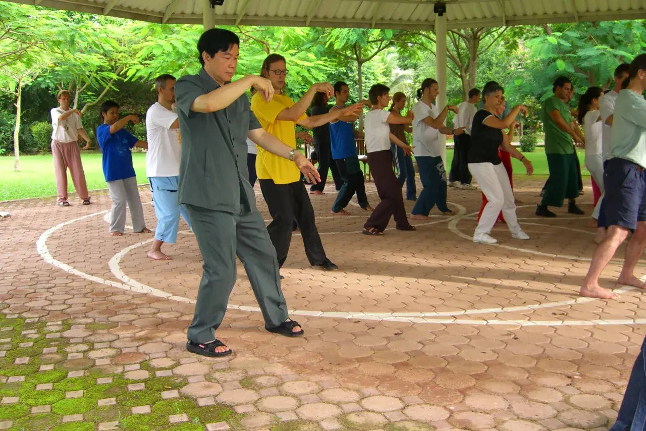 A group of people practice Tai Chi outdoors under a covered pavilion.