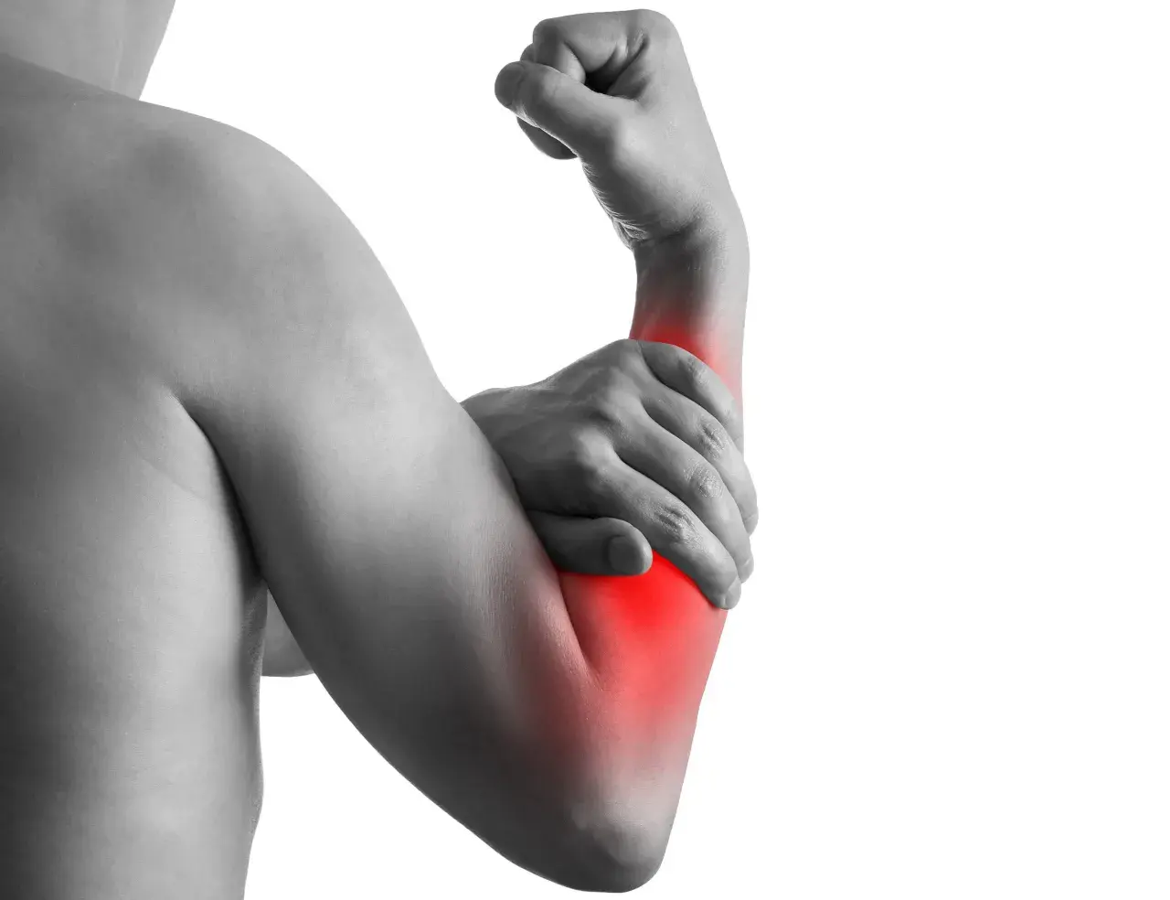 Person holding their right arm, with a red area highlighting pain or tension in the elbow and forearm.