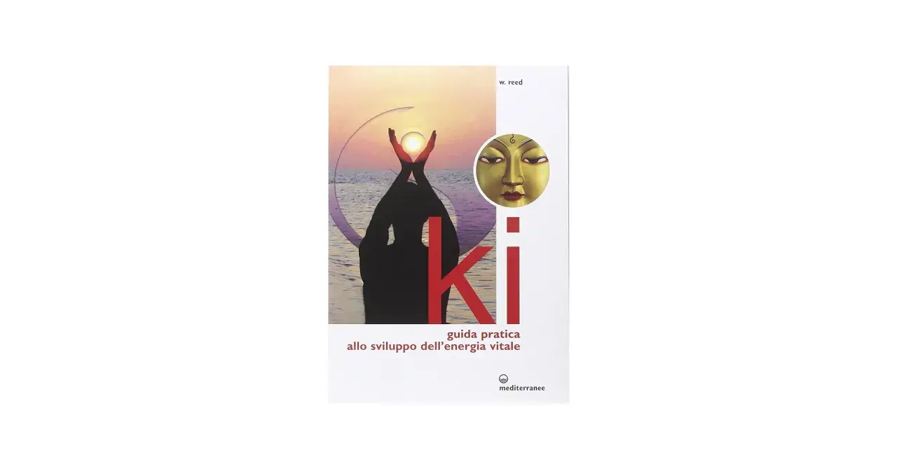 Copertina libro "Ki: guida pratica allo sviluppo dell'energia vitale". Immagine con silhouette di persona, sole e maschera orientale. Utile per capire come rinforzare i reni medicina cinese.