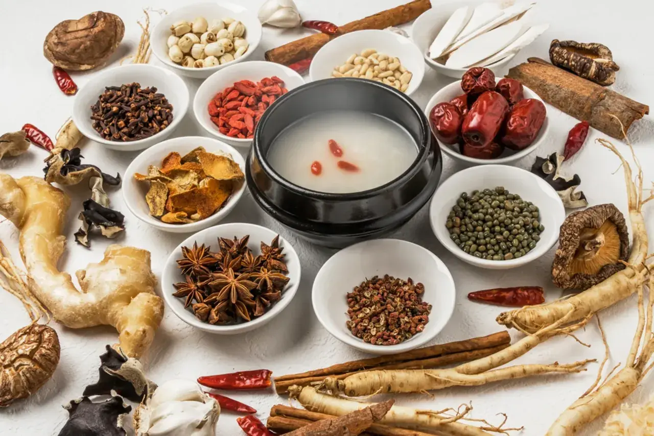 Ingredienti per brodo tonificante: bacche di goji, zenzero, funghi, spezie e altri cibi yin.