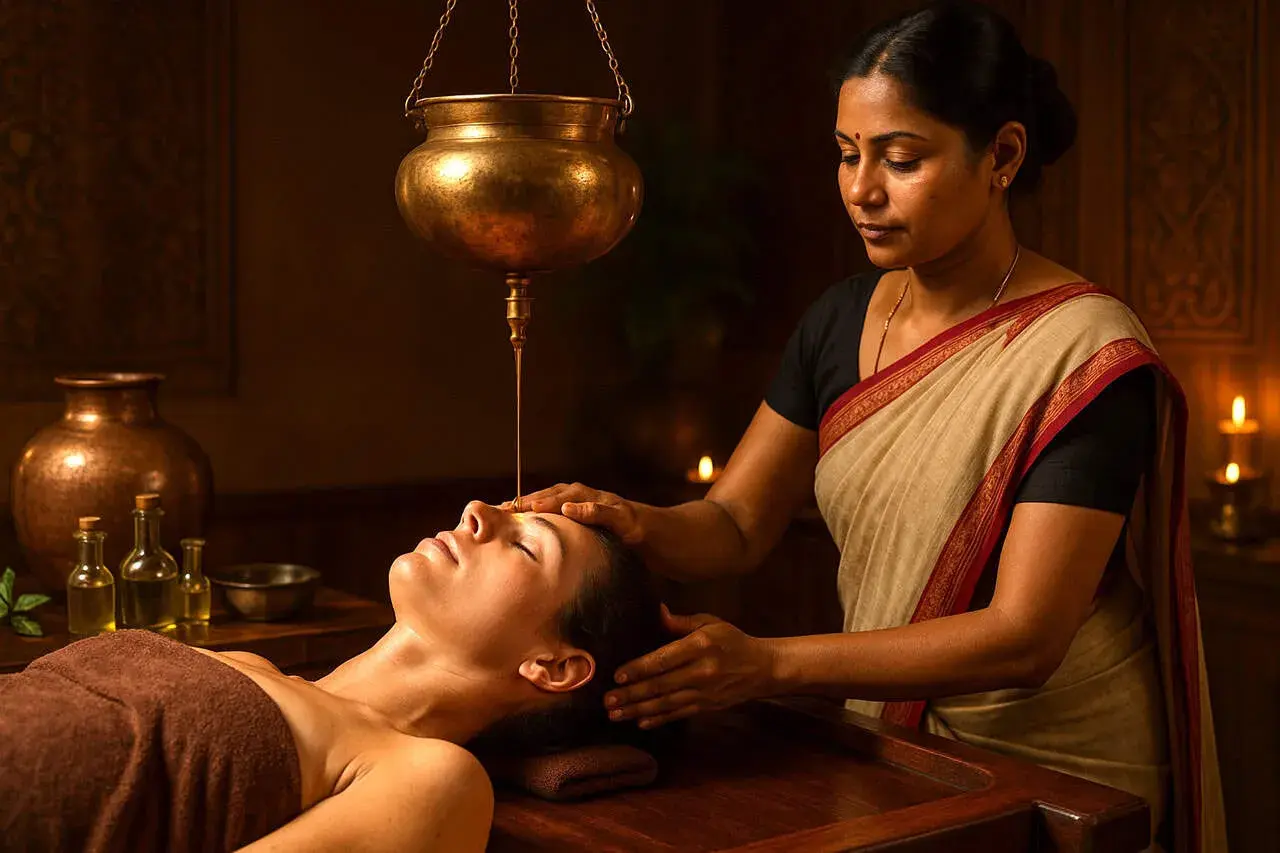 Woman receiving oil treatment on forehead from a hanging pot in a spa.