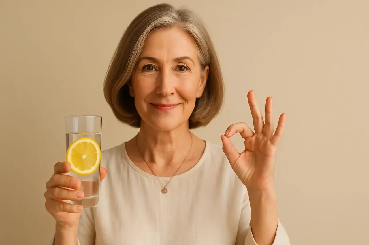 Donna sorridente con bicchiere d'acqua e limone, pollice in su. Un gesto che simboleggia l'efficacia dei trattamenti detox.