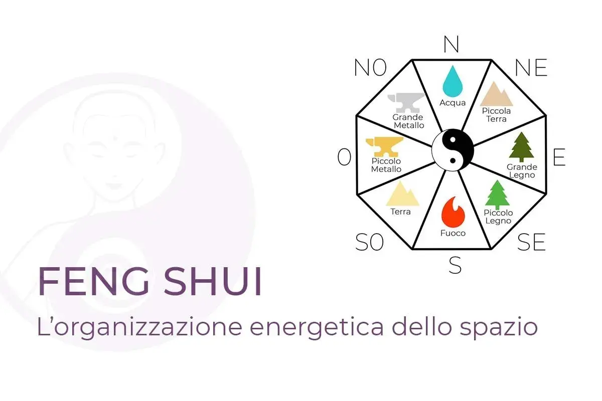 Feng Shui diagram with elements, directions, and yin-yang symbol.
