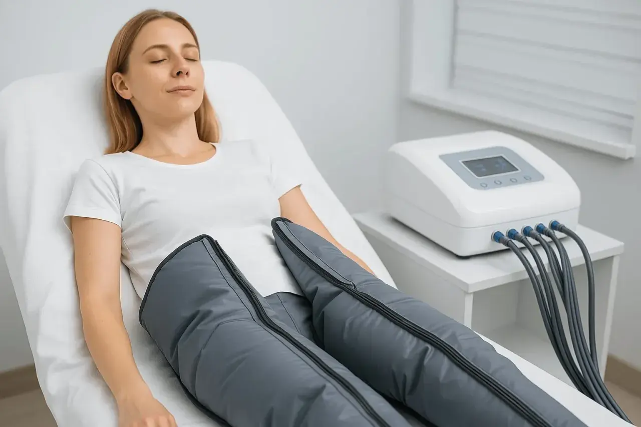 Woman lying down with eyes closed, wearing compression boots connected to a pressomassaggio machine.