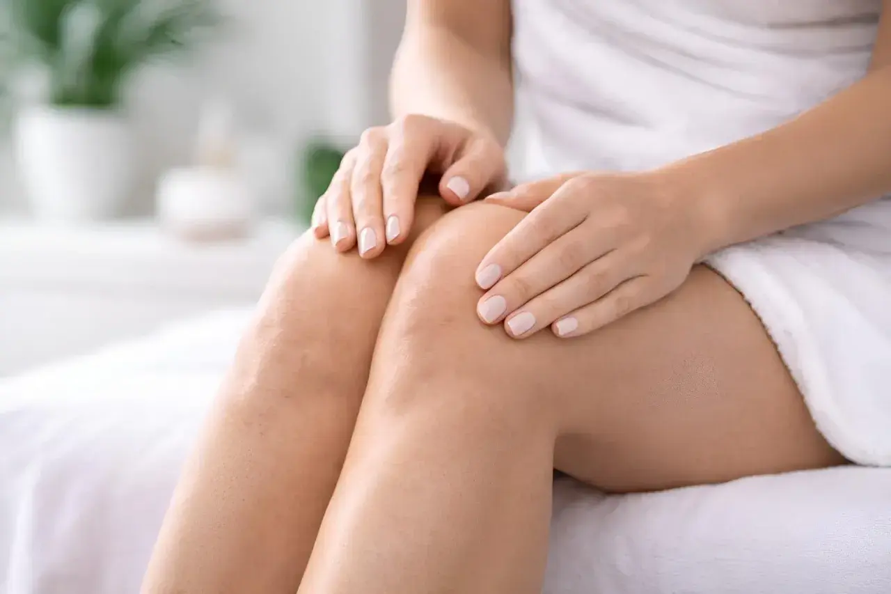 Close-up of a woman's knees and hands, showing skin texture.