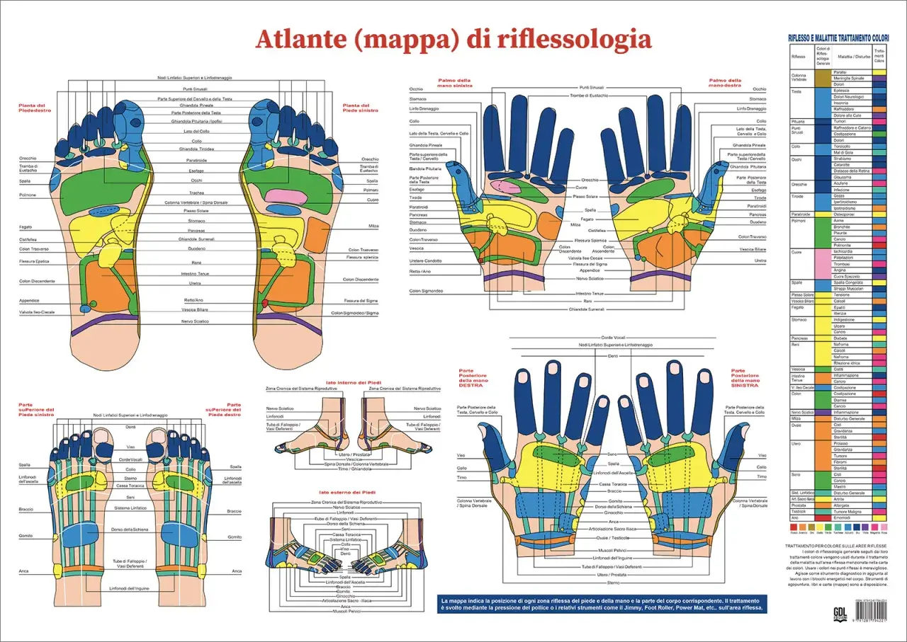 Mappa riflessologica: punti agopuntura per reflusso gastrico su mani e piedi.