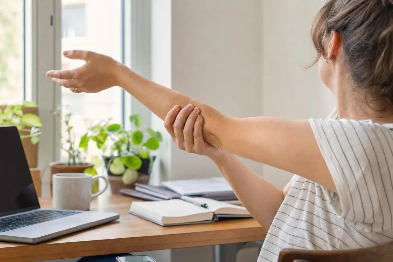 Donna si massaggia il braccio, forse per alleviare la sensazione di ritenzione idrica braccia. Sul tavolo, un laptop e piante verdi.