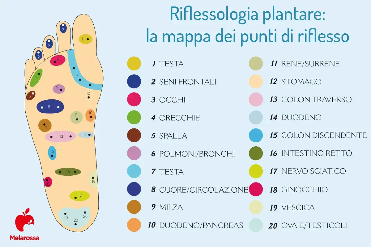 Mappa della riflessologia corporea plantare con punti colorati che indicano organi e parti del corpo.