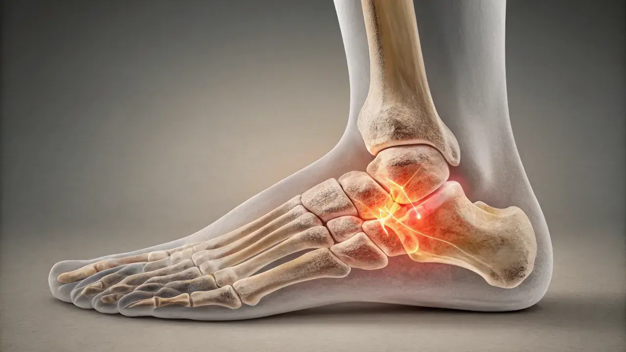 Anatomical illustration of a foot with highlighted bones and glowing red areas indicating pain in the heel.