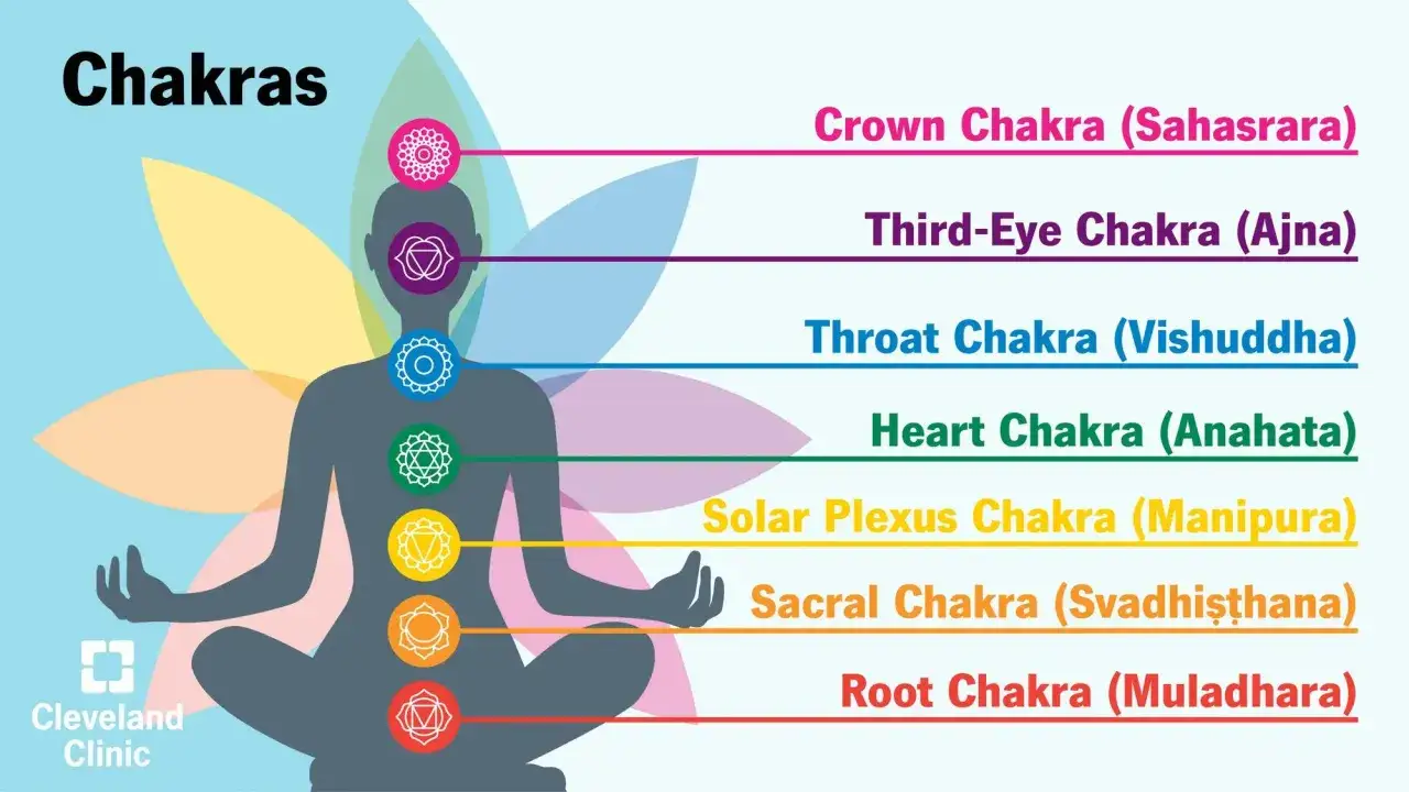 Schema dei 7 chakra, che rappresentano il flusso di energia vitale (qi significato) nel corpo umano, con i loro nomi e colori.