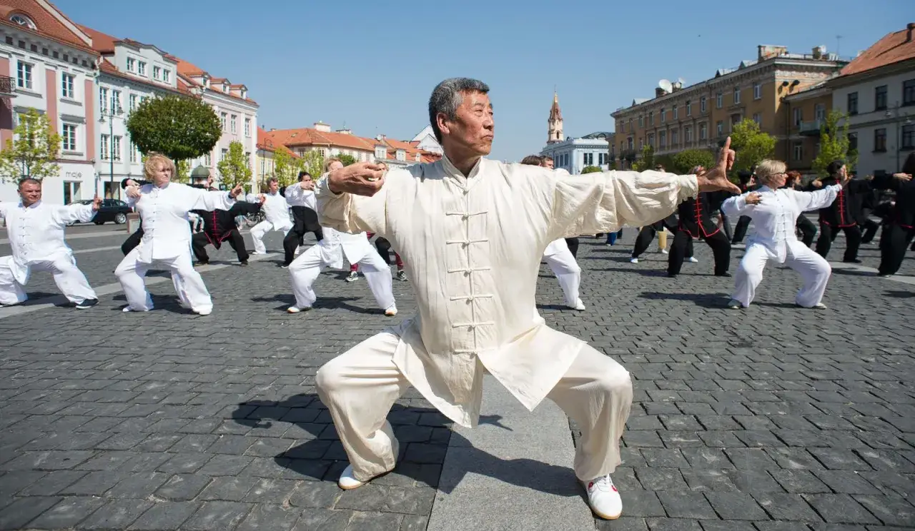 Pratica di Tai Chi in piazza, un'antica arte per il benessere, utile anche per come rinforzare i reni medicina cinese.