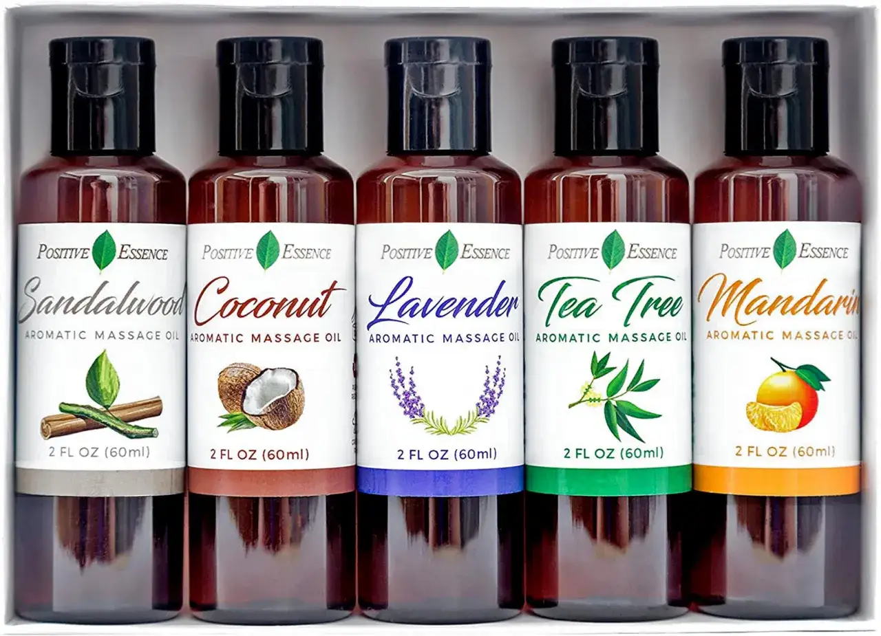 Set di oli per massaggi olistici: Sandalo, Cocco, Lavanda, Tea Tree e Mandarino. Rilassati con queste essenze naturali.