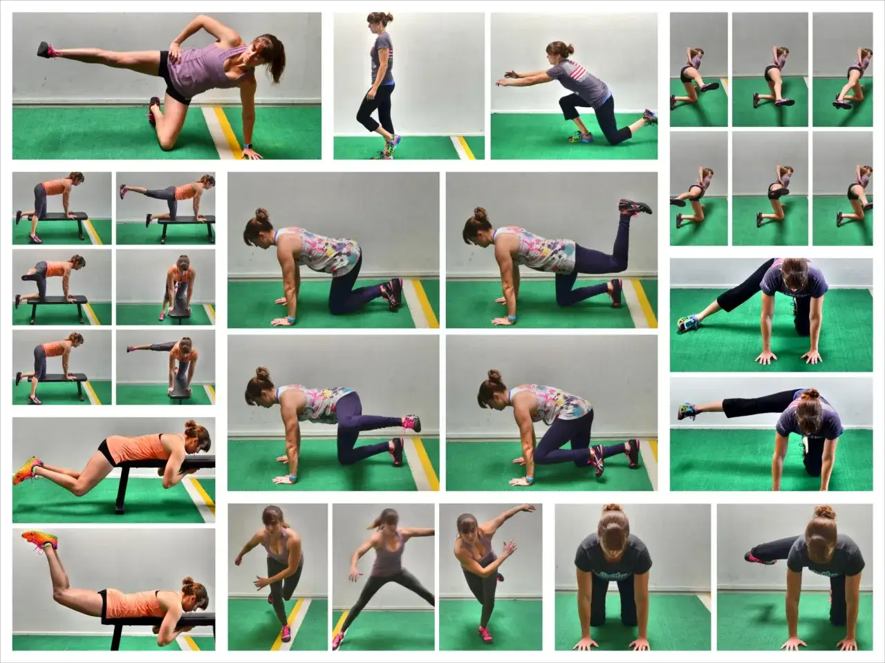 Esercizi per i banana rolls glutei: donna in varie posizioni per allenare glutei e gambe.