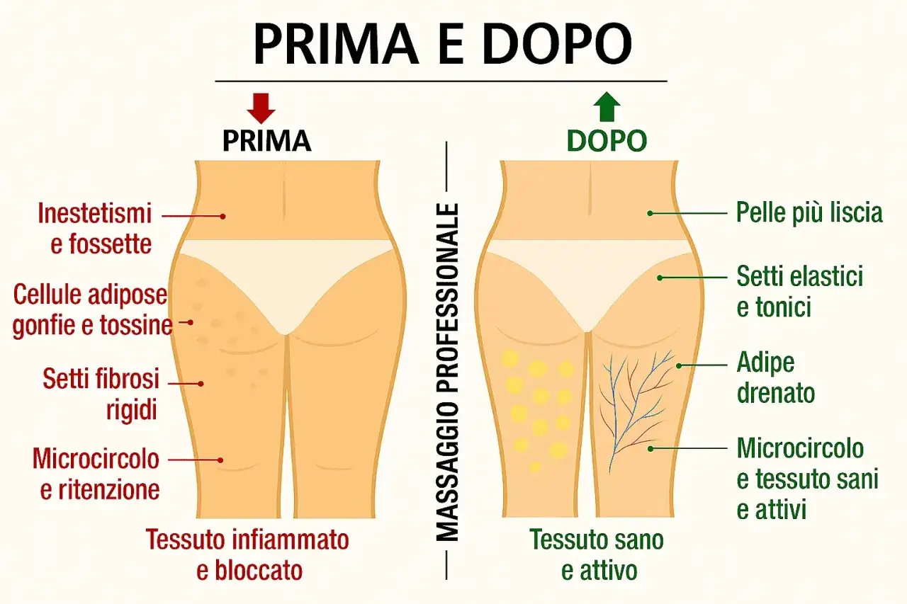 Prima e dopo il massaggio: la cellulite sulle ginocchia scompare, lasciando la pelle liscia e tonica.