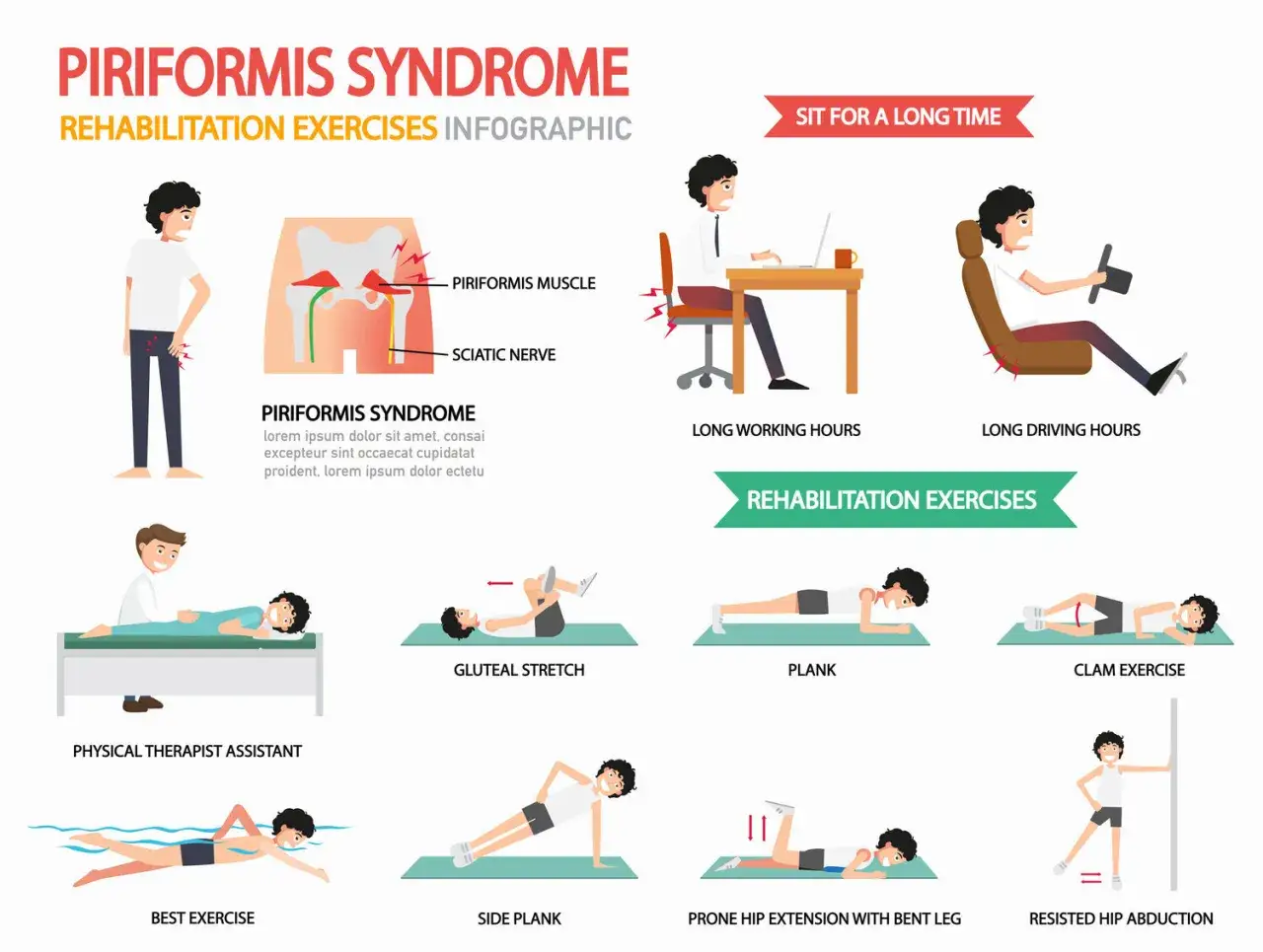 Infografica su sindrome piriforme e esercizi di riabilitazione. Illustra cause (sedentarietà) e rimedi, inclusi punti shiatsu per sciatica.