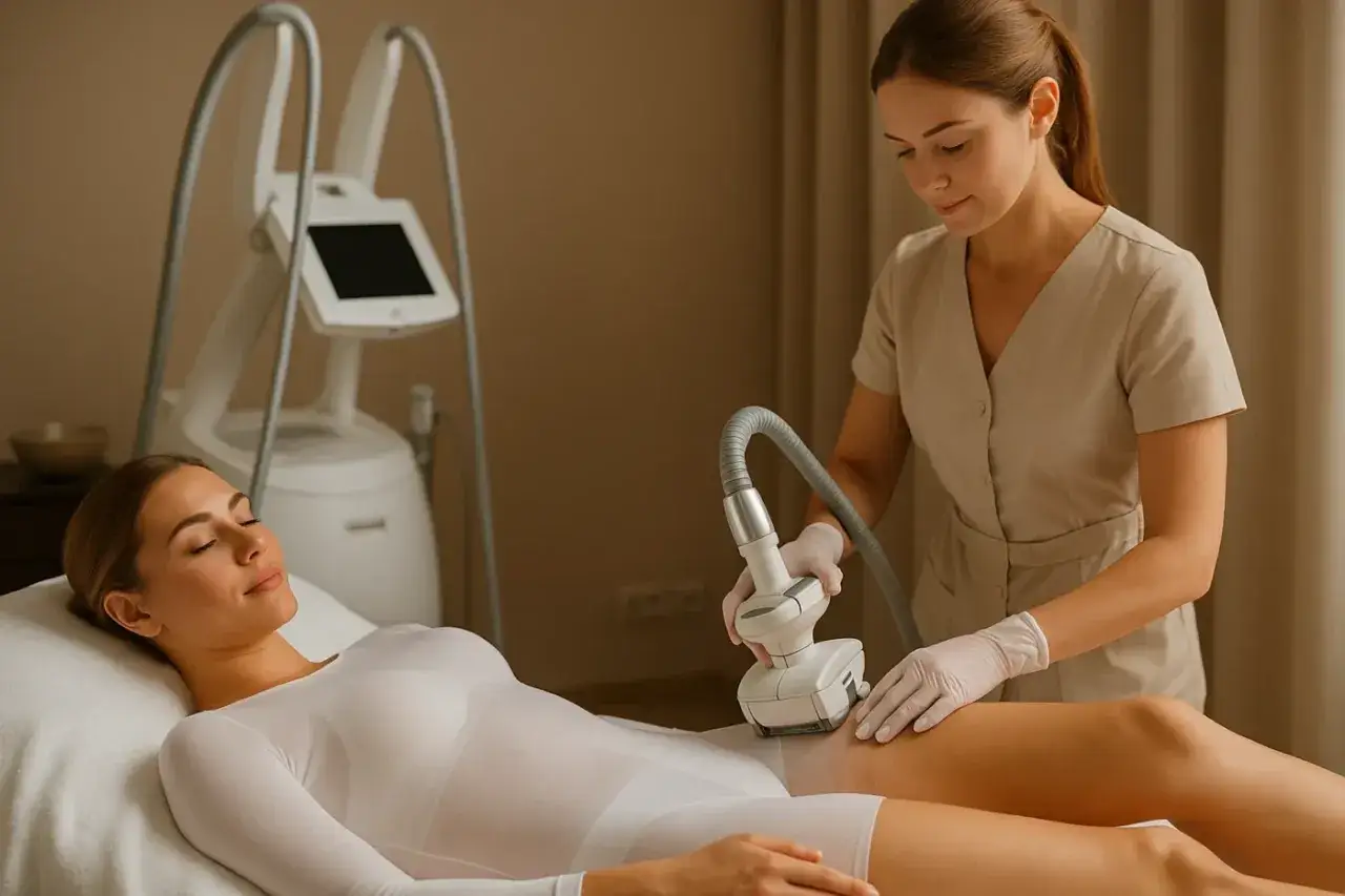 Estetista esegue massaggio endodermico su una donna sdraiata, utilizzando un manipolo tecnologico per un trattamento di bellezza.