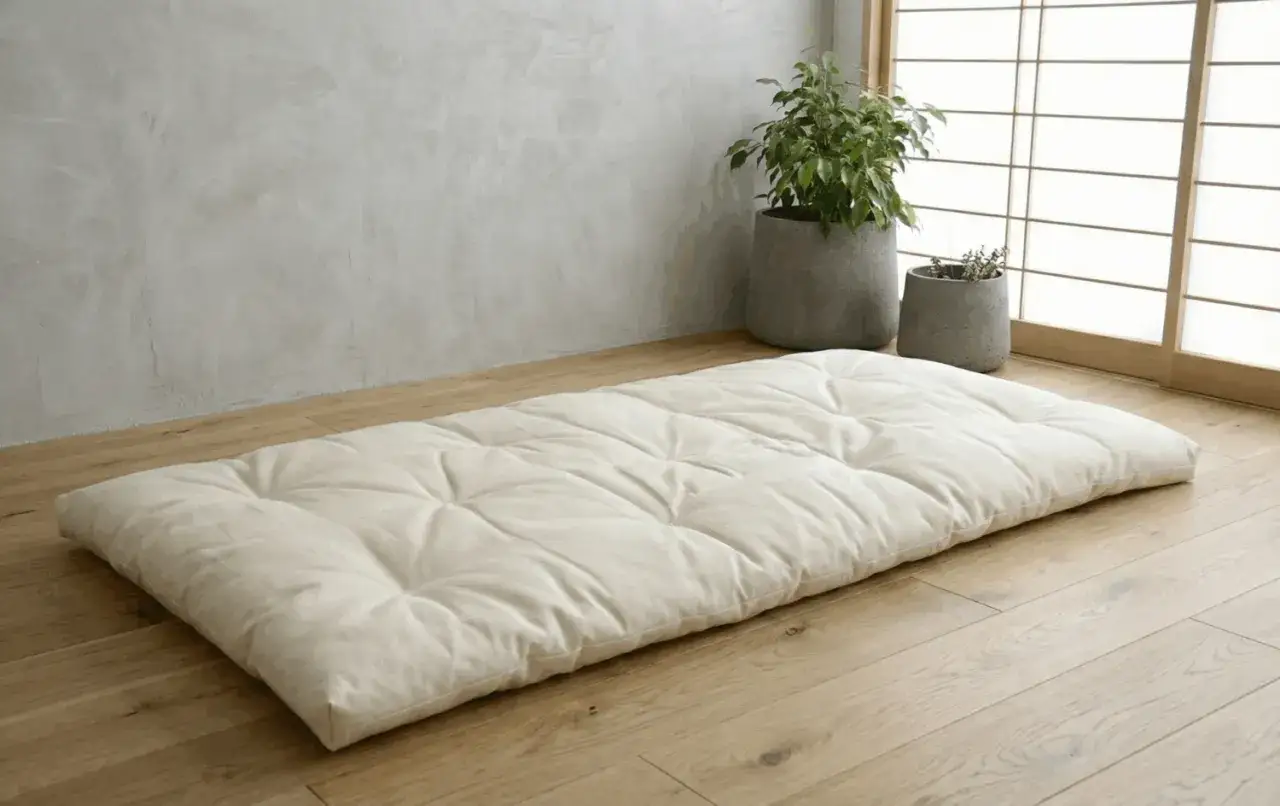 Un futon bianco su parquet, con piante in vasi di cemento e una finestra shoji. Ideale per le sensazioni dopo massaggio shiatsu.