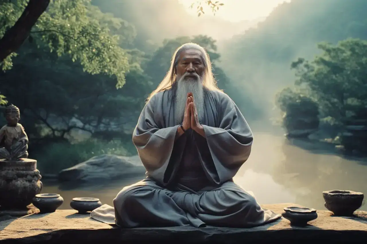Un anziano saggio, simile a Lao Tzu, medita in posizione del loto in un paesaggio sereno.