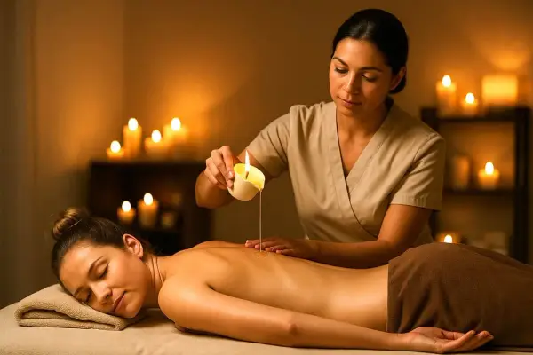 Un massaggio con candele rilassante, con olio caldo versato sulla schiena. L'ambiente è illuminato da candele tremolanti.
